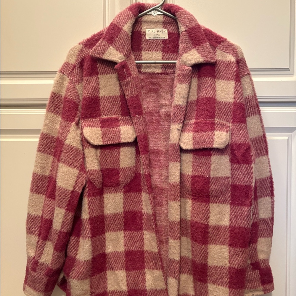 Z Supply Women's Red and Cream Checkered Teddy Jacket